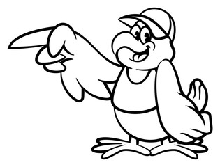 Cartoon illustration of A Big Chicken wearing cap and restaurant uniform with showing direction gestures. Best for outline and logo with fried chicken culinary business themes for children