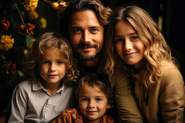 Happy family, mother, father and children, brother and sister outdoors, joyful parenthood