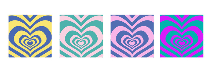 Set of Psychedelic retro neon tunnel in the shape of a heart. Hypnotic rainbow romantic background 70s square banner