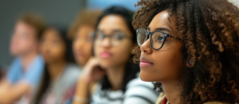 Multiracial Students Attentively Listening To An African American Female Presenting.