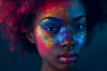 Painting of a pretty young African American woman with black paint and colorful paint on her face. Creative make-up: beautiful girl model with cosmetic make-up on her face.