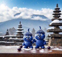 Korean traditional landscape of snow mountain and blue couple of penguins.