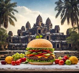 Hamburger with fruits on a wooden table in front of Angkor Wat, Cambodia