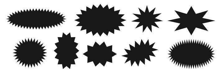 set of vector black stickers in the form of a multi-pointed star, sunburst badges, discount tags.