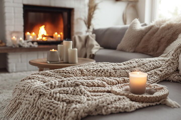 Fototapeta na wymiar Beige Chunky Knit Throw Draped over a Grey Sofa, Coffee Table Adorned with Candles Near the Fireplace - A Scandinavian Farmhouse Hygge Home Interior Design, Creating a Warm and Inviting Winter Atmosph