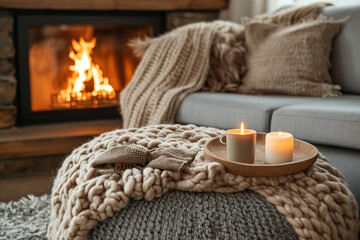 Fototapeta na wymiar Beige Chunky Knit Throw Draped over a Grey Sofa, Coffee Table Adorned with Candles Near the Fireplace - A Scandinavian Farmhouse Hygge Home Interior Design, Creating a Warm and Inviting Winter Atmosph