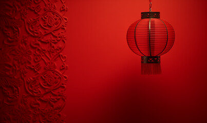 hanging Chinese lantern background in red, Lantern hanging on a red wall. Chinese background, Chinese New Year backdrop, Chinese New Year background, copy space for text. Generative Ai