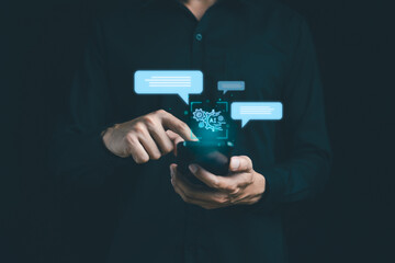 Ai, Artificial intelligence technology. Smart robot AI. chatbot. Human-computer interaction technology, assistants finding information and services, sending messages. Command prompt for generates