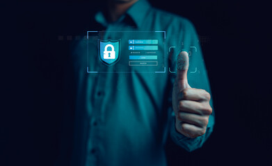 Cyber security systems and computer networks technology. Personal confidentiality, password access, big database protection, fingerprint authentication. Virtual image of login screen. Internet online