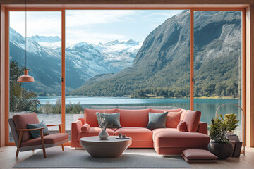 Coral Color Sofa and Armchair Gracefully Set Against a Window Offering Views of River and Mountains - A Scandinavian Home Interior Design in a Chalet, Bringing Tranquility to the Modern Living Room