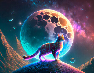 Beautiful cat walking in front of a giant moon and the deserted spaces that surround him. In front of him a splendid galaxy full of details.