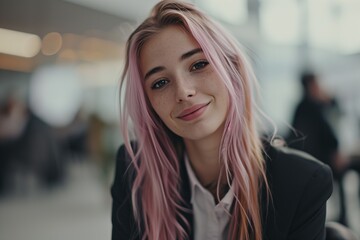 A fashion new generation working woman, pink hairs.