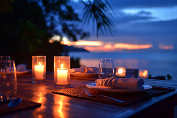 A Table Set up for a romantic meal on the beach with lanterns and chairs and flowers with palms and...