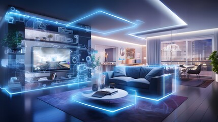a concept art of a digital holographic artificial intelligence (ai) smart technology in a house and a flat. modern living room with blue and white virtual reality interface and icons.  - obrazy, fototapety, plakaty