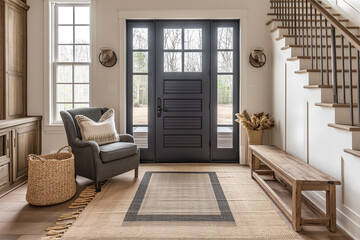 Grey Armchair and Wooden Rustic Bench Near Door, Creating a Warm Welcome Against Beige Wall and Staircase - A Fusion of French Country and Farmhouse Interior Design in the Modern Entryway
