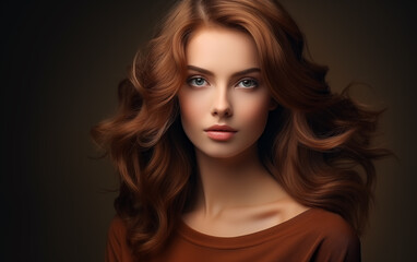 Beautiful female with long and shiny wavy hair on a brown background.
