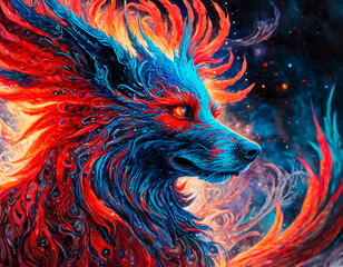 Mystical dog close-up. Colorful artistic drawing. Colorful illustration with digital red fire and blue color, like a phoenix.