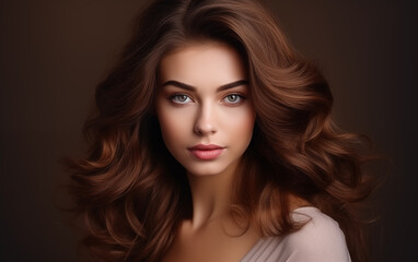 Naklejka premium Beautiful female with long and shiny wavy hair on a brown background. 