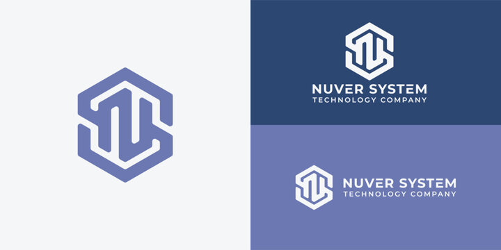 Abstract hexagon initial letter NS or SN logo in purple color and presented with multiple background colors and it is suitable for the system technology logo design inspiration template