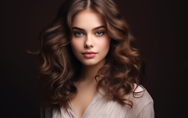 Fototapeta premium Beautiful female with long and shiny wavy hair on a brown background. 