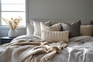 Fototapeta premium Tranquil Elegance Pastel Beige and Grey Bedding Adorns the Bed, Reflecting a Minimalist French Country Aesthetic in the Modern Bedroom