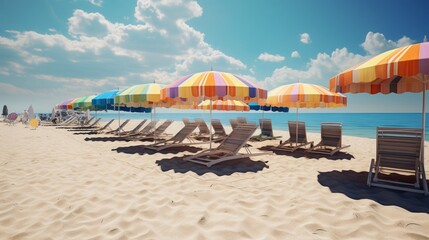 A detailed rendering showcases a row of colorful beach umbrellas along the shoreline, providing shade for sunbathers