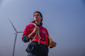 engineer team. renewable energy, power and wind turbine. Electrician or technician man and woman in nature for electricity, eco and green environment engineer working in wind turbine farm at sunset.