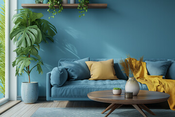 Round Coffee Table Near a Cozy Blue Sofa, Accentuated by a Wooden Shelf with Home Decor and Lush Houseplant Against a Calming Blue Wall with Ample Copy Space - Embracing Scandinavian Interior Design