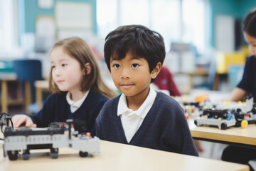 Diverse students in a cheerful classroom, constructing and modeling robots for tech education.