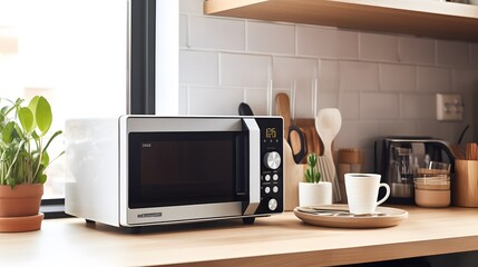 a modern white and black microwave in a house kitchen on the kitchen table. image used for an ad. - obrazy, fototapety, plakaty