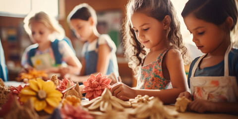 Attractive and curious elementary classmates in aprons, crafting with clay and making flowers, exploring creativity. - obrazy, fototapety, plakaty