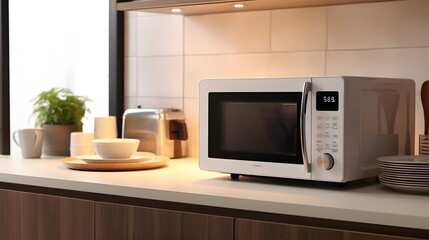 a modern white and black microwave in a house kitchen on the kitchen table. image used for an ad.