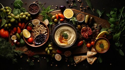 Obraz na płótnie Canvas An intricate digital isolated food background featuring a Mediterranean feast with dishes like hummus, olives, and pita bread, creating a fresh and exotic display of flavors