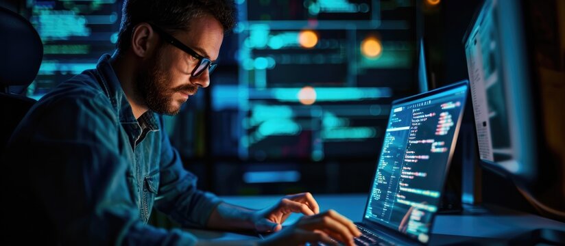 A professional in cybersecurity uses a laptop at night for coding, software development, and programming, conducting computer research, analyzing data, and working with HTML code.