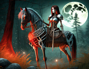 Woman knightSkeleton on a horse made of bones with medieval armor in a dark forest with a red moon. Spooky landscape.