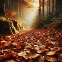 A bed of dry autumn leaves covers the path in the woods