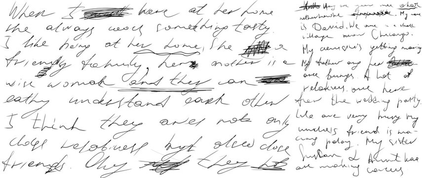 Crossed out, Sweeping,  unreadable handwriting Fragment of letter crossed out and underlined illegible doodle isolated on white background