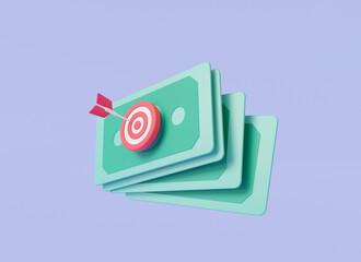Target with arrow and banknotes. saving money, Goal setting, Targeting the business, dollar bills, refund, investment, cash, profit. Business target concept. 3d render illustration. cartoon minimal