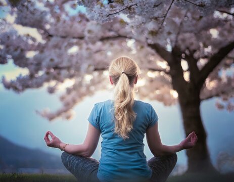 A woman meditating under a cherry blossom tree