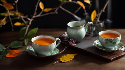 Fototapeta premium A modern tea service, located on a smooth wooden tabletop, is decorated with a sprig of bright leaves. generative AI