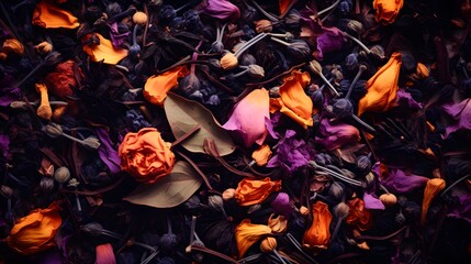 Black tea with dried flower leaves full frame as background close up - Powered by Adobe