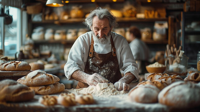 Handwerkliche Leidenschaft: B&auml;cker knetet Teig und backt k&ouml;stliche Br&ouml;tchen