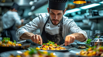 Kulinarische Meisterleistung: Chefkoch bereitet konzentriert ein exquisites Abendessen zu
