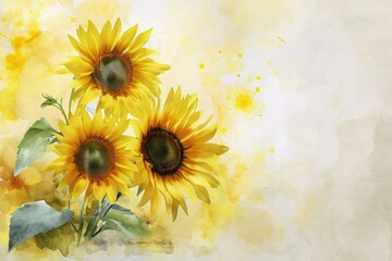 Sunflower Background: These symbolize adoration, loyalty, and longevity, valentine theme, watercolor, big copy space.
