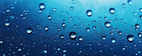 Shiny water droplets on blue Background With blur effect behind it. generative AI