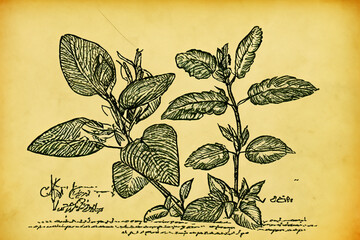 natural medicine. two types of medicinal plants with notes about them on a yellowed page. medicine and plants concept