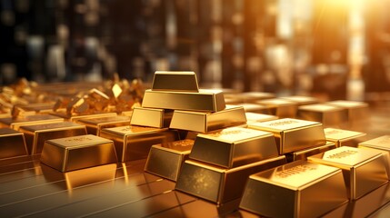 Business Gold future and financial concept.World economics and currency exchange in shiny gold bar arrangement in a row background.Money trade and safe haven marketplace.3D illustration rendering. - obrazy, fototapety, plakaty