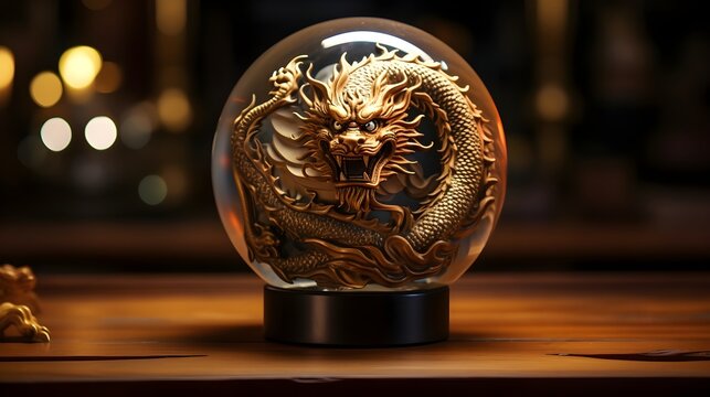 Christmas Snow Globe with dragon on blurred background