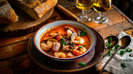 Italian soup made from fish meat, shellfish and crustaceans - Cacciucco on the table in a traditional Italian trattoria, fresh bread and glasses of white wine, restaurant menu design