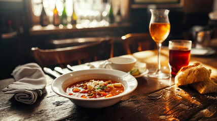 Popular Italian minestrone soup and fresh bread from a local bakery and a glass of wine on the table in a home restaurant, delicious vegetable summer Italian soup, gastronomic travel time - obrazy, fototapety, plakaty